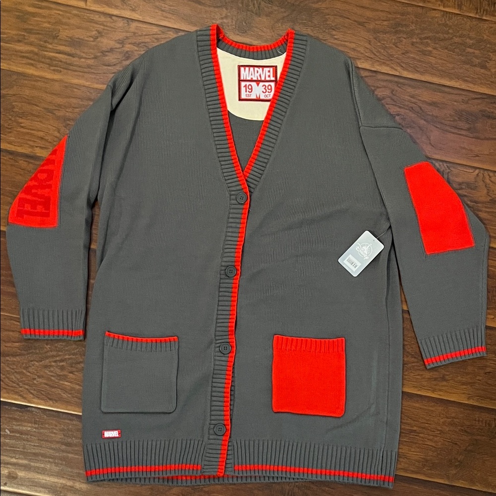Marvel Logo Cardigan Sweater – Gray & Red – Size 1X